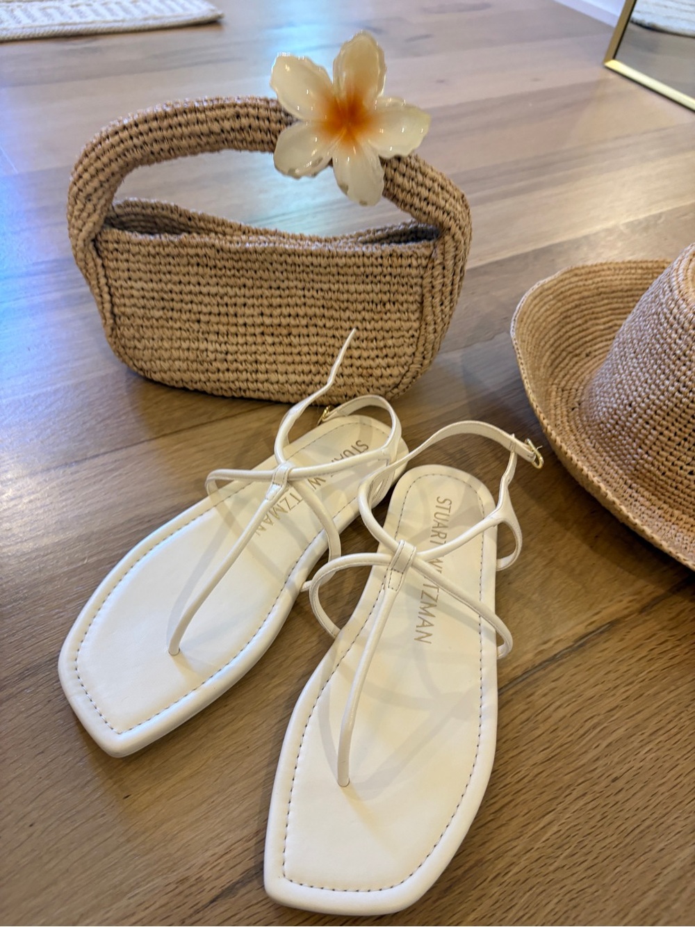 Stuart Weitzman Cream Leather T-Strap Flat Sandals